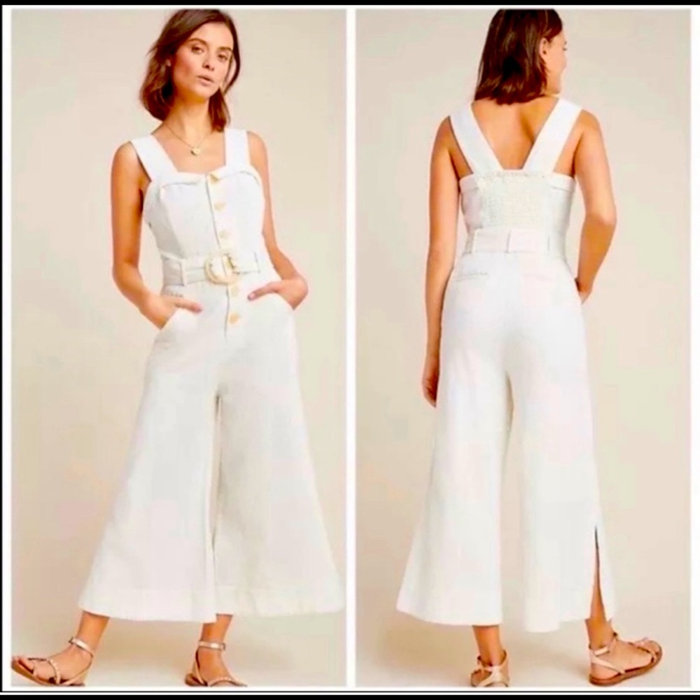 Anthropologie Cream Cape Cod Belted Button Up Jumpsuit